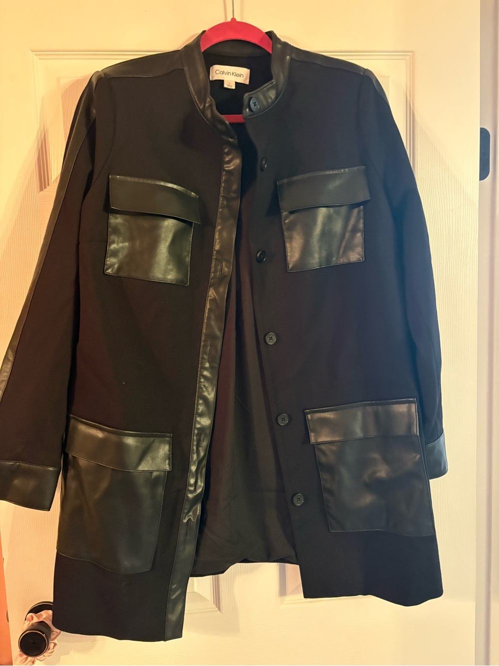 Calvin Klein Black Coat with Faux Leather Trim